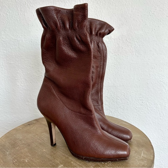 Cole Haan Nike Air GALI Brown Leather Boots Mid Calf Ruffle Top Size 8 - Picture 4 of 14